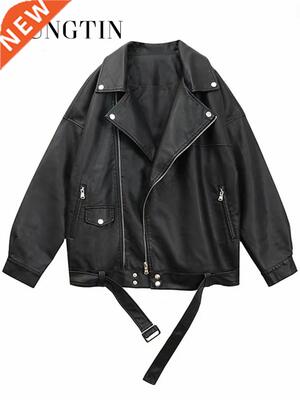 Sungtin Women Loose Pu Leather Jacket Black Soft Faux Leathe