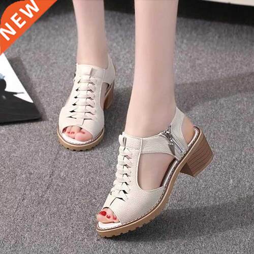 2022 New Women's Square Heel Summer Shoes Leather Zip Gladia