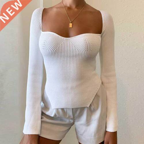 Square Collar Long Sleeve Woman Sweaters Knitted Pullover Wo