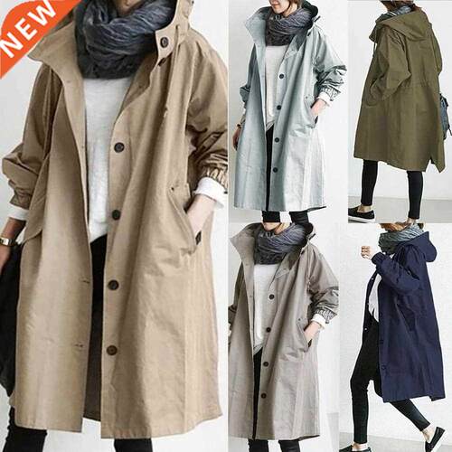 2020 Women Autumn Solid Color Pocket Hooded Windbreaker Long