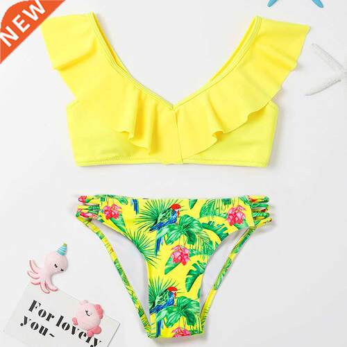 Tropical Floral Girl Swimsuit Kids Ruffle Bikini Set 7-14 Ye