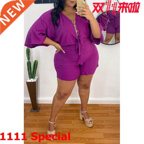 L-5XL Women's Top + Shorts Fashion Set大码女士时尚短裤套装