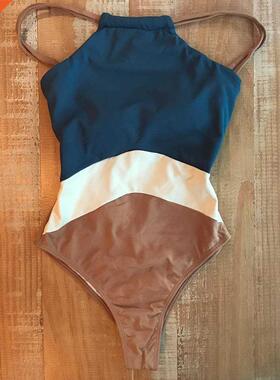 2019 Patchwork One Piece Swimsuit Swimwear High Neck Bodysui