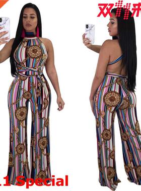Summer 2023 printed jumpsuit with neck hanging挂脖非洲连体裤