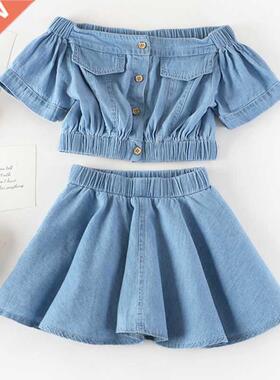 Summer Girls' Clothing Sets Korean Denim Short-sleeved T-shi