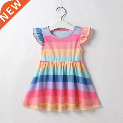 Striped Rainbow Summer Dress For Kids Girls Fly Sleeve