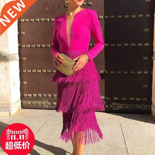 V领长袖拼接流苏高腰大码修身透视网纱连衣裙女 Plus-size dress