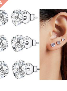 bamoer 3 Pairs Stud Earrings Set  Sterling Silver Stone C