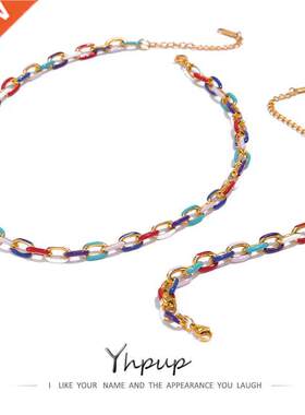 Yhpup Ranbow Enamel Chan Necklace Bracelet Set 316L Stanl