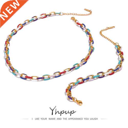 Yhpup Ranbow Enamel Chan Necklace Bracelet Set 316L Stanl