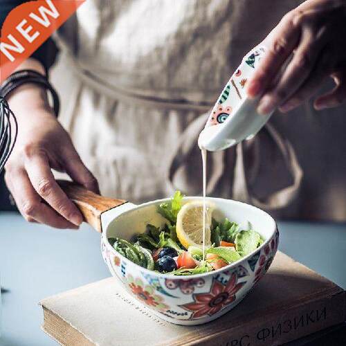 Creative Japanese ceramic salad bowl wood handle household