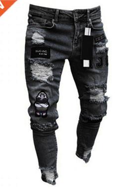 Men Stchy Ripped Skinny Biker Embroidery Cartoon Print Jeans