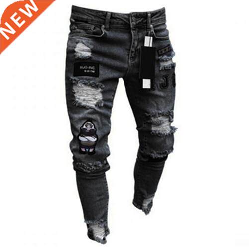 Men Stchy Ripped Skinny Biker Embroidery Cartoon Print Jeans