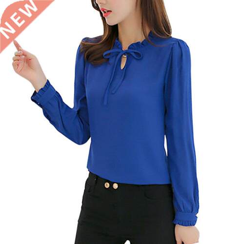 Spring Women Blue Shirts Long Sleeve Stand Collar Bow Blous
