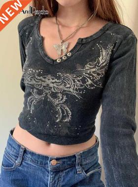 Graphic Print Retro Y2K Crop Tshirts Vintage Harajuku Grunge