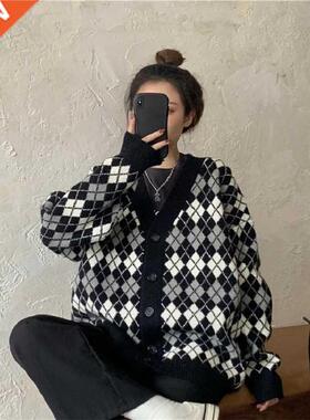 Deeptown Korean Style Argyle Plaid Knitted Cardigan Sweater