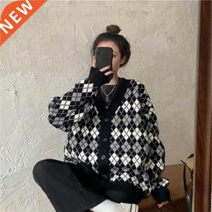 Deeptown Korean Style Argyle Plaid Knitted Cardigan Sweater