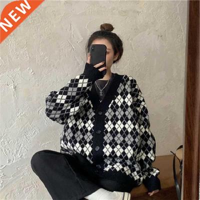 Deeptown Korean Style Argyle Plaid Knitted Cardigan Sweater
