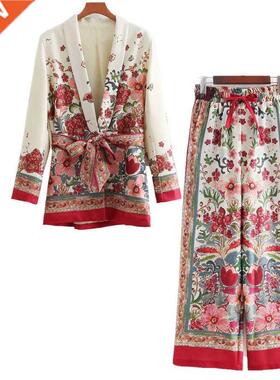 2 piece set women Suit female retro style flower pattern Eu