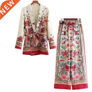2 piece set women Suit female retro style flower pattern Eu