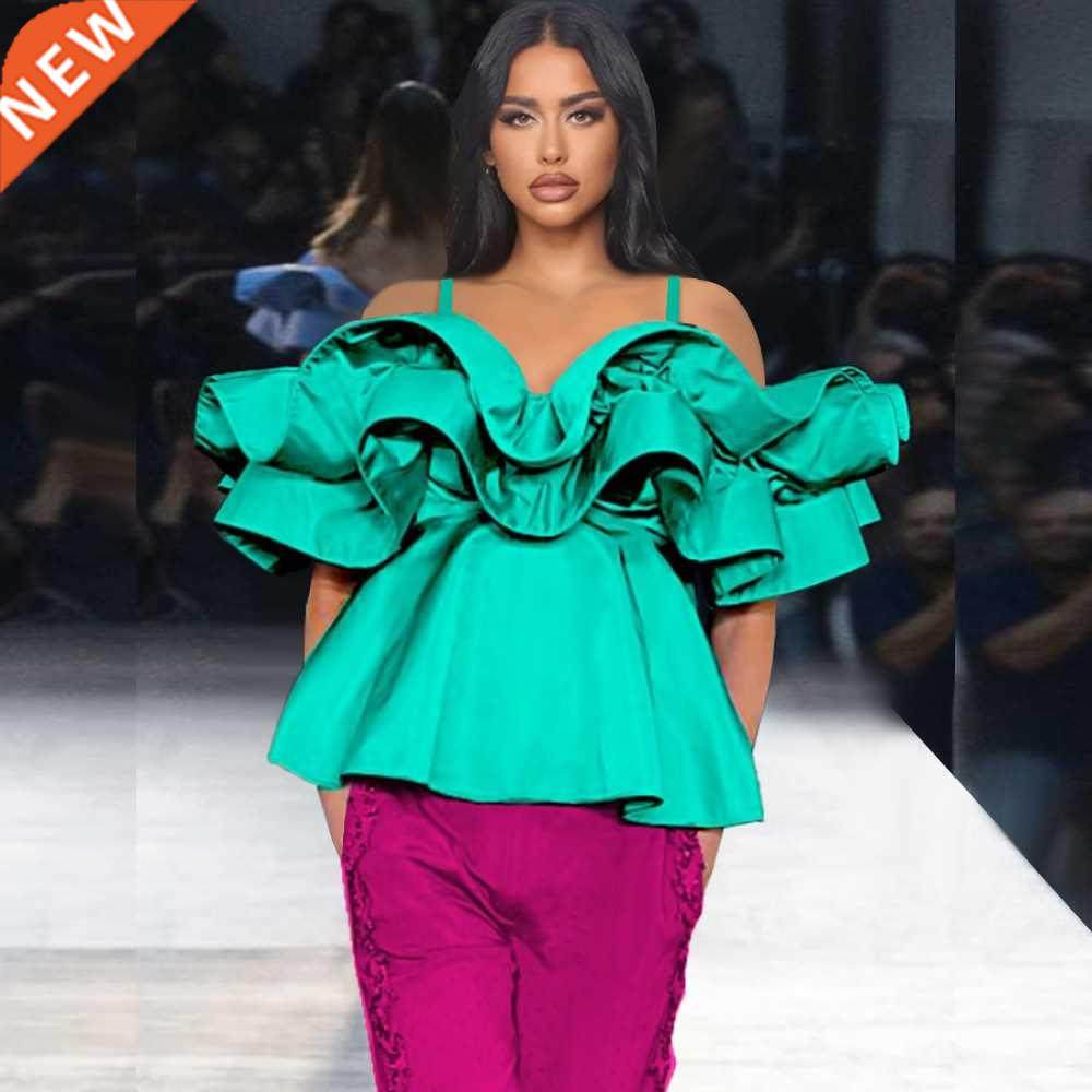 2022年夏季绿色吊带双层荷叶边性感大码女装上衣