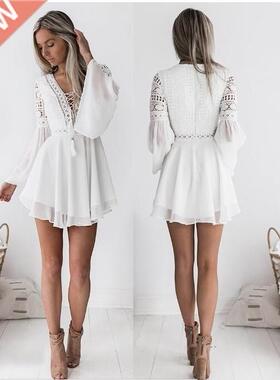Lace Semi-sheer Plunge V-Neck Long Sleeve Dress Black/White