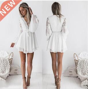 Lace Semi-sheer Plunge V-Neck Long Sleeve Dress Black/White