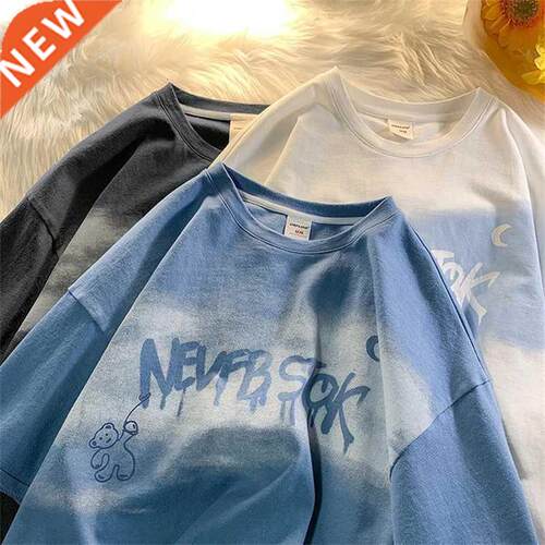 Summer New Japanese Printing Cloud Moon Bear Letter Short-Sl