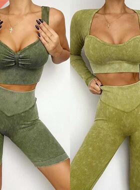 Conjunto de Yoga sin costuras lavado acanalado pa mujer, T