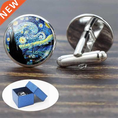 Van Gogh Oil Painting Glass Alloy Cufflinks Starry Night Sun