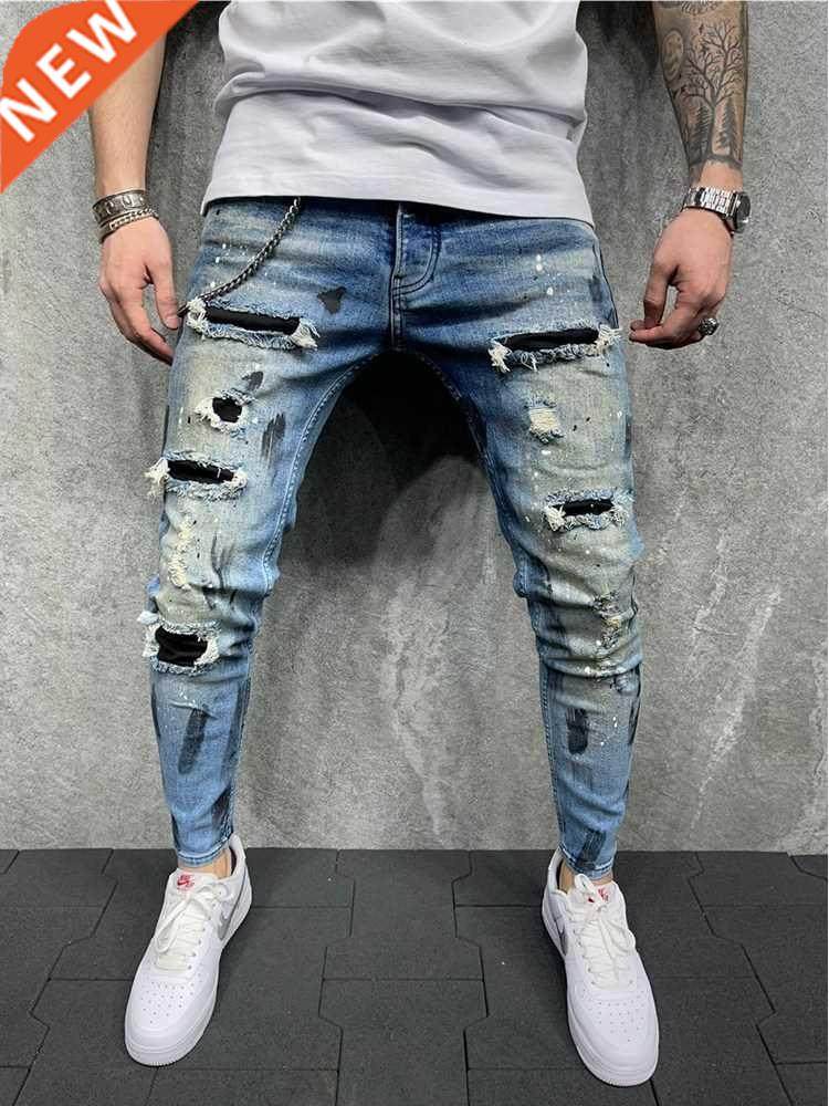 men slim-fit hip hop ripped jeans man painted printed pencil