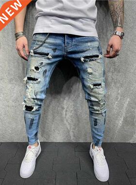 Men Slim-Fit HIP HOP Ripped jeans Man Painted printed Pencil