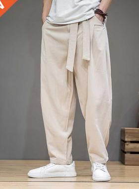 Spring Cotton Linen Pants Men Elastic Waist Casual Harem Pan