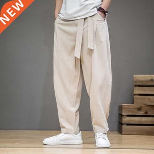 Spring Cotton Linen Pants Men Elastic Waist Casual Harem Pan