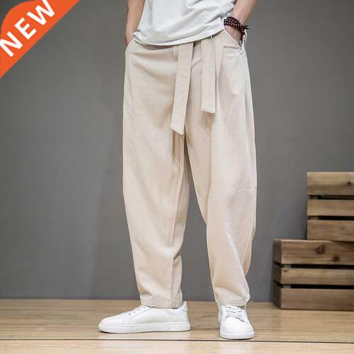 Spring Cotton Linen Pants Men Elastic Waist Casual Harem Pan