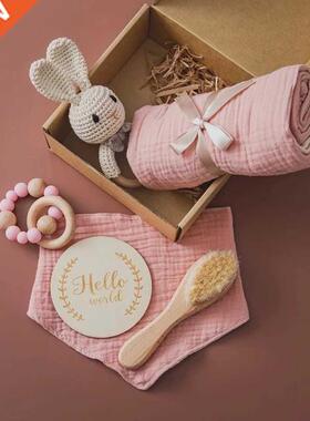 1Set Baby Bath Toy Set Baby Bath Towel Wooden Rattle Bracel