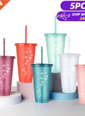 5PCS Flash Powder Water Bottles For Girl With Straw Reusable