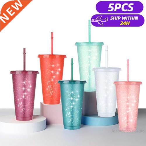 5PCS Flash Powder Water Bottles For Girl With Straw Reusable