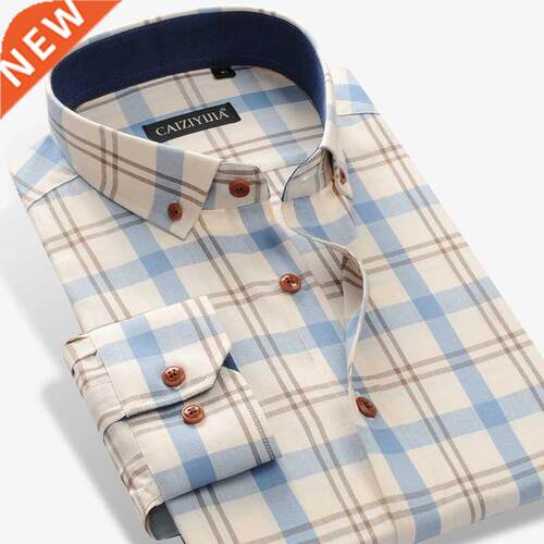 Men's 100% Cotton Long Sleeve Contrast Plaid Checkered Shirt