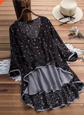Blouse irt 2021 Women Casual Irregular Floral Print Patchw