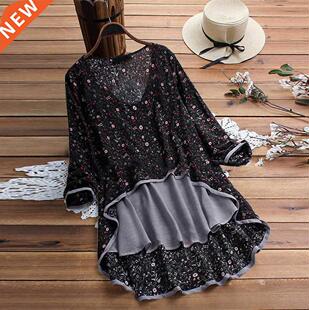 Blouse irt 2021 Women Casual Irregular Floral Print Patchw