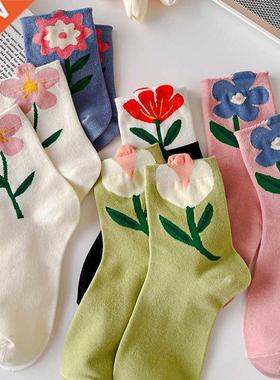 1 Pair Women Socks Japanese Korean Style Cartoon Flower Cand