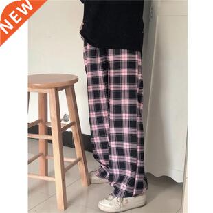 Black and pink Plaid pants Oversize New Women Casual Loose W