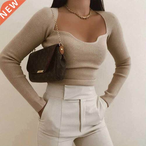2021 New Women Knit Sweter Top Long sleeve hert-neck Csu