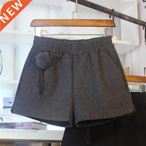 Women Woolen Shorts Winter Spring Warm High Waist Wide Leg S