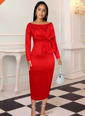 圆领长袖蝴蝶结高腰包臀裙红色派对圣诞 女装连衣裙 party