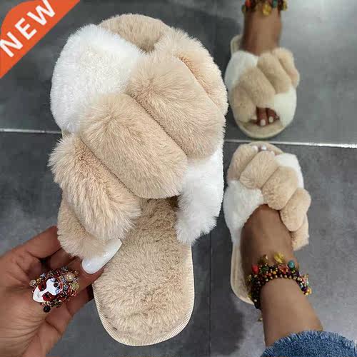 Winter Women Fur Slippers Cross Strap ColorBlock Home Flat S