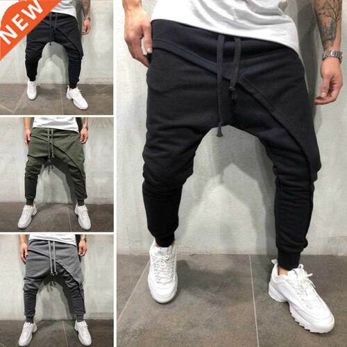 Fashion Men Harem Pants Solid Color Drawstring Asymmetric Do