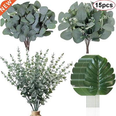 15PCS Artificial Eucalyptus Leave Greenery Stems with Frost