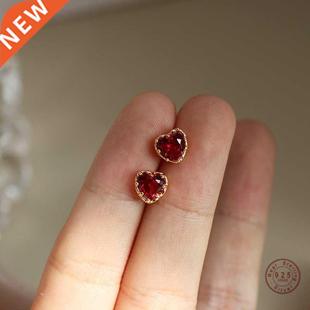 925 Sterling Silver Red Heart Stud Earrings For Women Luxury